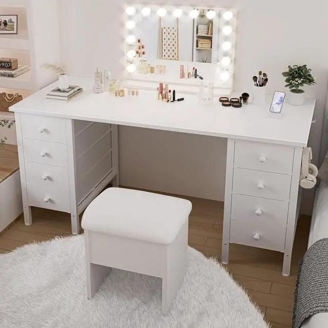 Alt view image 4 of 7 - White Computer Desk with Drawers for Storage - 55 inch Home Office Desk with 8 Fabric Drawers, Writing Study Desk with Drawers on Both Sides for Bedroom
