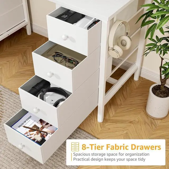 Alt view image 5 of 7 - White Computer Desk with Drawers for Storage - 55 inch Home Office Desk with 8 Fabric Drawers, Writing Study Desk with Drawers on Both Sides for Bedroom