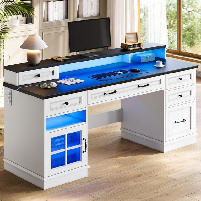 Main image of Farmhouse Executive Desk with Drawers Computer Desk with File Drawers, Power Outlet and Led Lights, Executive Office Desk with Storage Cabinet and Monitor Shelf for Home Office, White