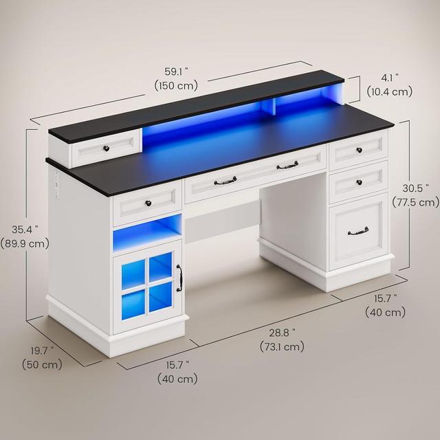 Alt view image 2 of 7 - Farmhouse Executive Desk with Drawers Computer Desk with File Drawers, Power Outlet and Led Lights, Executive Office Desk with Storage Cabinet and Monitor Shelf for Home Office, White