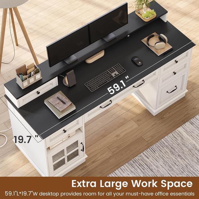 Alt view image 3 of 7 - Farmhouse Executive Desk with Drawers Computer Desk with File Drawers, Power Outlet and Led Lights, Executive Office Desk with Storage Cabinet and Monitor Shelf for Home Office, White