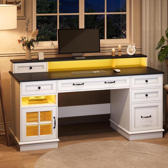 Alt view image 4 of 7 - Farmhouse Executive Desk with Drawers Computer Desk with File Drawers, Power Outlet and Led Lights, Executive Office Desk with Storage Cabinet and Monitor Shelf for Home Office, White