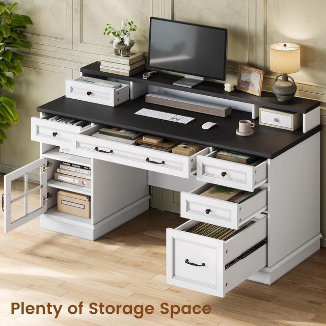Alt view image 5 of 7 - Farmhouse Executive Desk with Drawers Computer Desk with File Drawers, Power Outlet and Led Lights, Executive Office Desk with Storage Cabinet and Monitor Shelf for Home Office, White