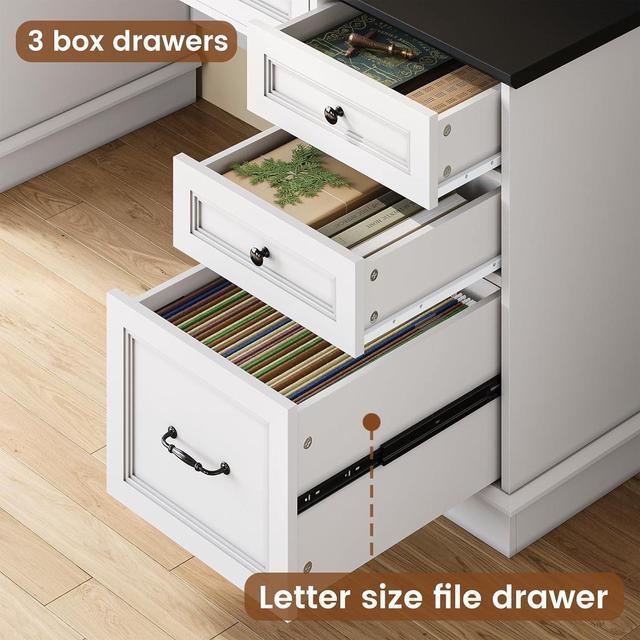 Alt view image 6 of 7 - Farmhouse Executive Desk with Drawers Computer Desk with File Drawers, Power Outlet and Led Lights, Executive Office Desk with Storage Cabinet and Monitor Shelf for Home Office, White