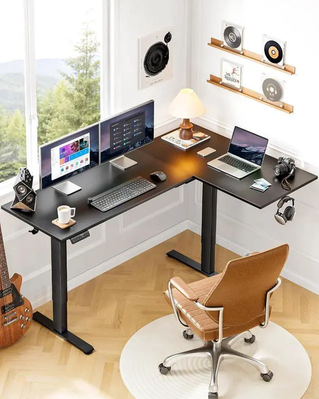 Alt view image 2 of 7 - HUANUO 63 x 40 inch Dual Motor L-Shaped Standing Desk, Corner Standing Desk with 3 Preset Heights, Electric Height Adjustable Computer Desk 2 Hooks & Cable Tray, Raising Desk for Home Office, Black
