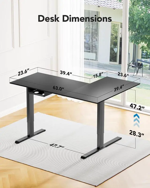 Alt view image 3 of 7 - HUANUO 63 x 40 inch Dual Motor L-Shaped Standing Desk, Corner Standing Desk with 3 Preset Heights, Electric Height Adjustable Computer Desk 2 Hooks & Cable Tray, Raising Desk for Home Office, Black