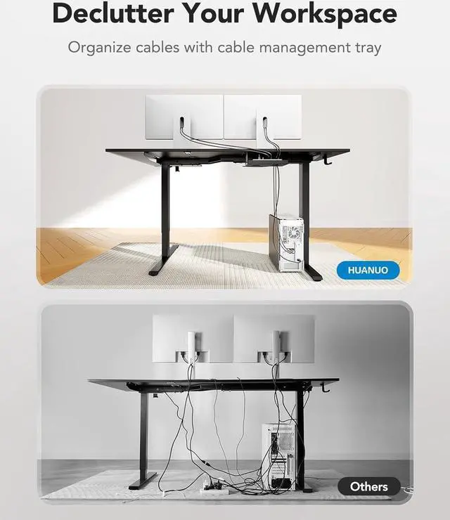 Alt view image 4 of 7 - HUANUO 63 x 40 inch Dual Motor L-Shaped Standing Desk, Corner Standing Desk with 3 Preset Heights, Electric Height Adjustable Computer Desk 2 Hooks & Cable Tray, Raising Desk for Home Office, Black