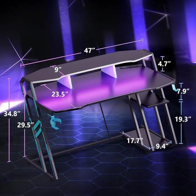 Alt view image 3 of 7 - MOTPK Gaming Desk with Power Outlet & LED Lights, Gaming Computer Desk 47inch with PC Storage Shelf, Gaming Table with Carbon Fiber Texture, Gamer Desk, Gift for Boys Men, Black