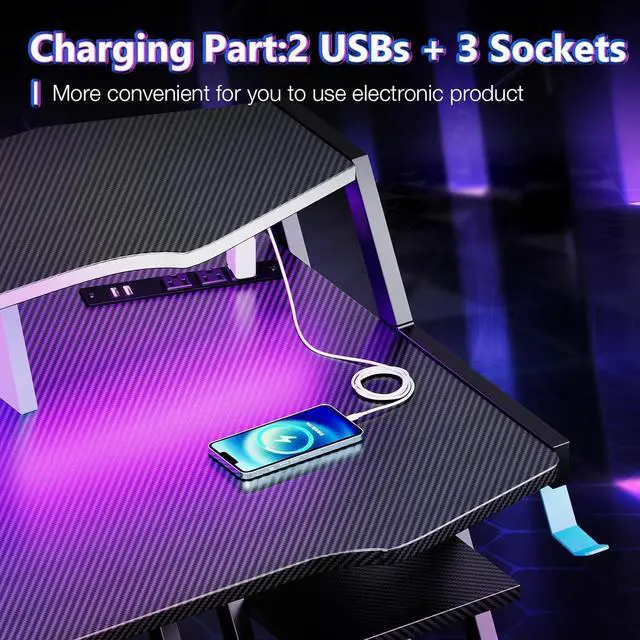 Alt view image 4 of 7 - Gaming Desk with Power Outlet & LED Lights, Computer Desk 39inch with PC Storage Shelf, Gaming Table with Carbon Fiber Texture, Gamer Desk, Gift for Boys Men, Black