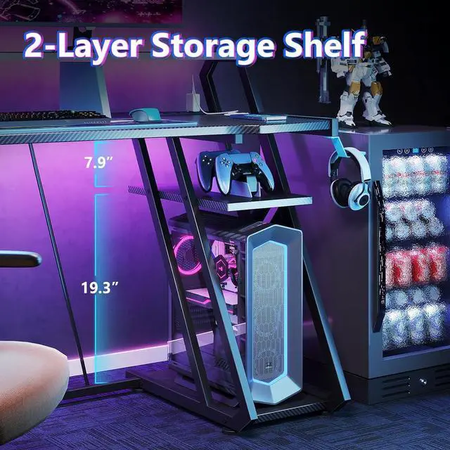 Alt view image 6 of 7 - Gaming Desk with Power Outlet & LED Lights, Computer Desk 39inch with PC Storage Shelf, Gaming Table with Carbon Fiber Texture, Gamer Desk, Gift for Boys Men, Black