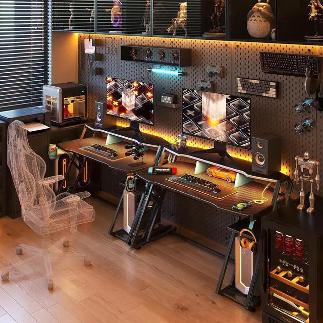 Alt view image 7 of 7 - MOTPK Gaming Desk with Power Outlet & LED Lights, Gaming Computer Desk 47inch with PC Storage Shelf, Gaming Table with Carbon Fiber Texture, Gamer Desk, Gift for Boys Men, Black