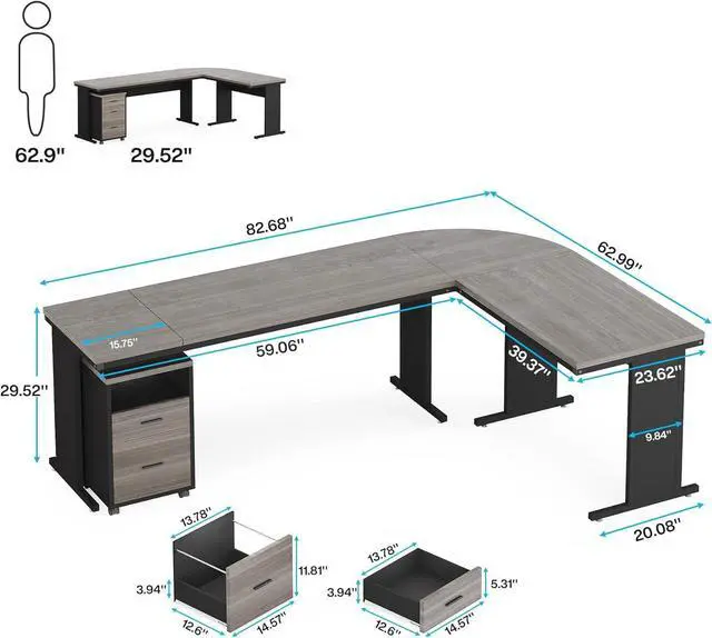 Alt view image 2 of 7 - Tribesigns 83 Inch L-Shaped Desk with Drawers, Large Executive Office Desk with 3-Drawer File Cabinet, Industrial Corner Computer Desk Business Workstation Furniture for Home Office (Gray)