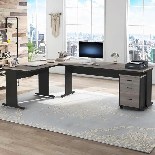 Alt view image 3 of 7 - Tribesigns 83 Inch L-Shaped Desk with Drawers, Large Executive Office Desk with 3-Drawer File Cabinet, Industrial Corner Computer Desk Business Workstation Furniture for Home Office (Gray)