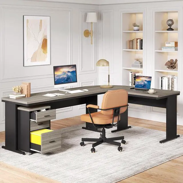 Alt view image 5 of 7 - Tribesigns 83 Inch L-Shaped Desk with Drawers, Large Executive Office Desk with 3-Drawer File Cabinet, Industrial Corner Computer Desk Business Workstation Furniture for Home Office (Gray)