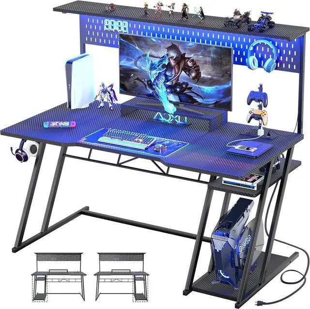 Main image of armocity Gaming Computer Desk with Hutch and LED Lights, 55'' Black Gaming Desk with Storage Shelves, Reversible PC Gaming Desk with Pegboard, Ergonomic Desk for Bedroom, Carbon Fiber Surface