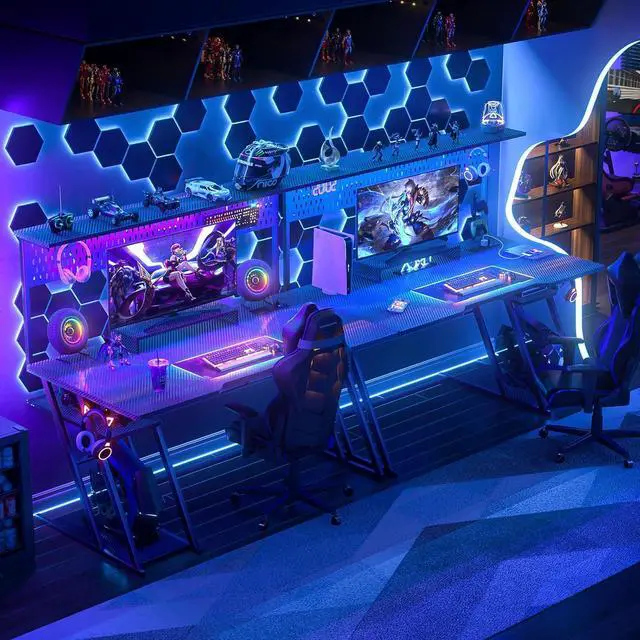 Alt view image 2 of 7 - armocity Gaming Computer Desk with Hutch and LED Lights, 55'' Black Gaming Desk with Storage Shelves, Reversible PC Gaming Desk with Pegboard, Ergonomic Desk for Bedroom, Carbon Fiber Surface