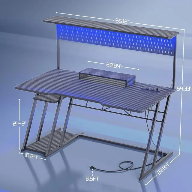 Alt view image 3 of 7 - armocity Gaming Computer Desk with Hutch and LED Lights, 55'' Black Gaming Desk with Storage Shelves, Reversible PC Gaming Desk with Pegboard, Ergonomic Desk for Bedroom, Carbon Fiber Surface