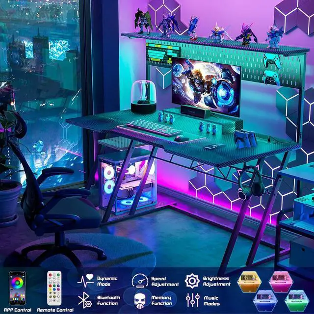 Alt view image 4 of 7 - armocity Gaming Computer Desk with Hutch and LED Lights, 55'' Black Gaming Desk with Storage Shelves, Reversible PC Gaming Desk with Pegboard, Ergonomic Desk for Bedroom, Carbon Fiber Surface
