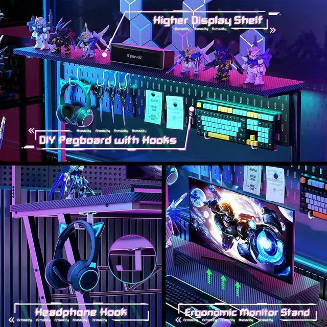 Alt view image 5 of 7 - armocity Gaming Computer Desk with Hutch and LED Lights, 55'' Black Gaming Desk with Storage Shelves, Reversible PC Gaming Desk with Pegboard, Ergonomic Desk for Bedroom, Carbon Fiber Surface