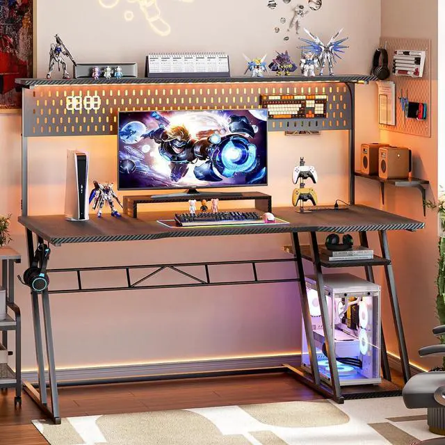 Alt view image 7 of 7 - armocity Gaming Computer Desk with Hutch and LED Lights, 55'' Black Gaming Desk with Storage Shelves, Reversible PC Gaming Desk with Pegboard, Ergonomic Desk for Bedroom, Carbon Fiber Surface