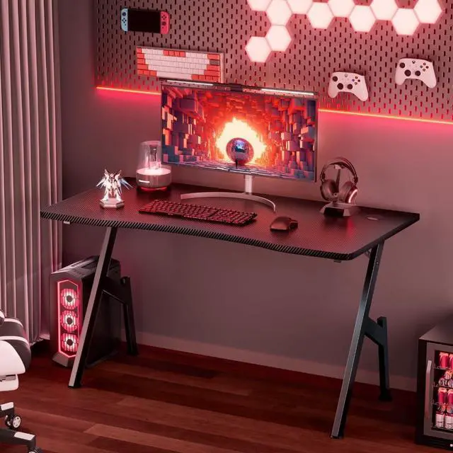 Alt view image 2 of 6 - HLDIRECT 40 Inch Gaming Desk with Carbon Fibre Surface- A Shape Large Computer Desk Gaming Table Ergonomic Pc Gaming Workstation Home Office Desks