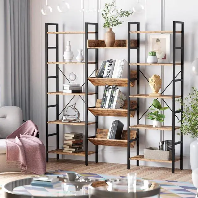 Alt view image 4 of 7 - IRONCK Bookshelves and Bookcases 5 Tiers, Triple Wide Industrial Bookshelf, Large Etagere Bookshelf, Display Storage Bookshelves with Metal Frame for Living Room, Home Office