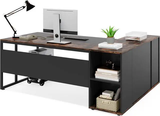 Alt view image 7 of 7 - Tribesigns 71 inch Executive Desk, L Shaped Desk with Cabinet Storage, Executive Office Desk with Shelves, Business Furniture Desk Workstation for Home Office, Brown and Black