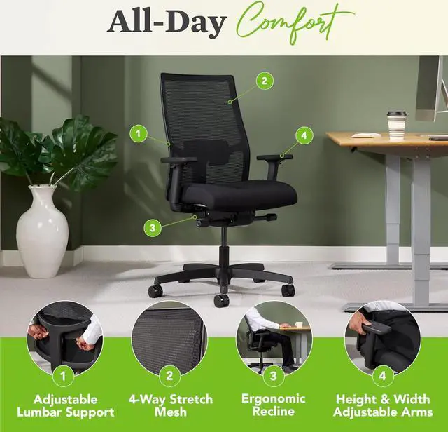 Alt view image 4 of 6 - HON Ignition 2.0 Ergonomic Office Chair - Adjustable Tilt, Swivel Wheels, Comfortable for Long Hours - Home Office Desk Chair