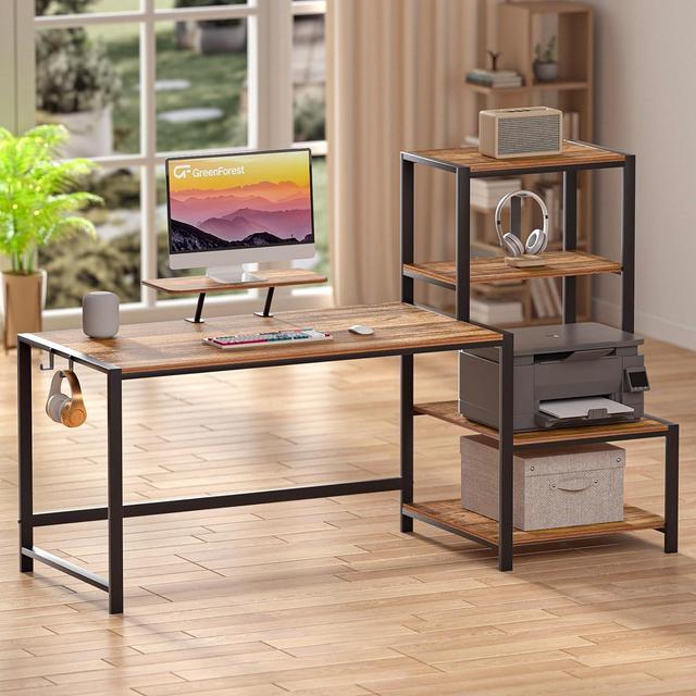 Alt view image 2 of 7 - GreenForest Computer Desk with Storage Printer Shelf,67 inch Reversible Home Office Desk Large Study Writing Table with Movable Monitor Stand and 2 Headphone Hooks for PC Gaming Working, Walnut