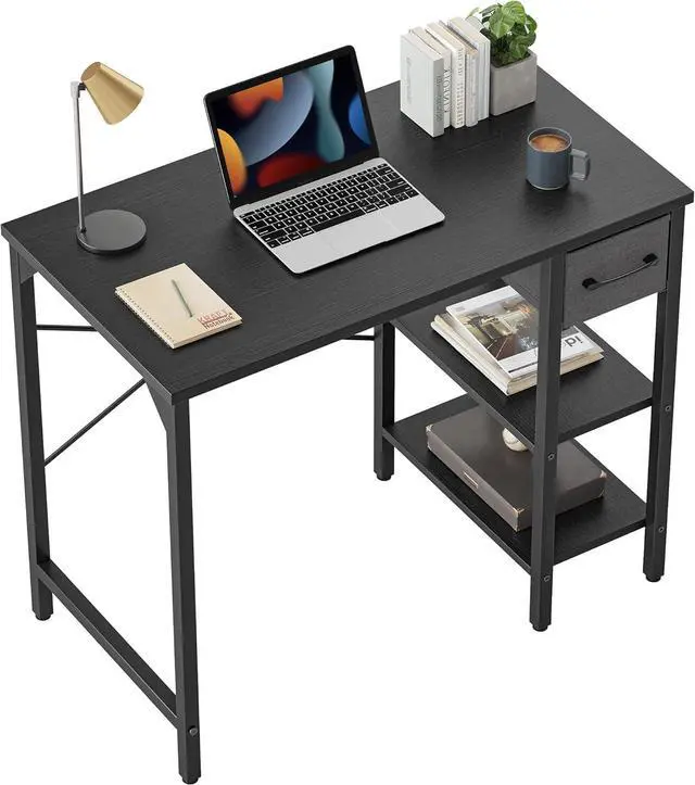 Main image of BANTI Small Computer Desk with Drawers, 35 Inch Home Office Desk with 2Storage Shelves on Left or Right Side, Study Writing Desk with Storage Bag, Black