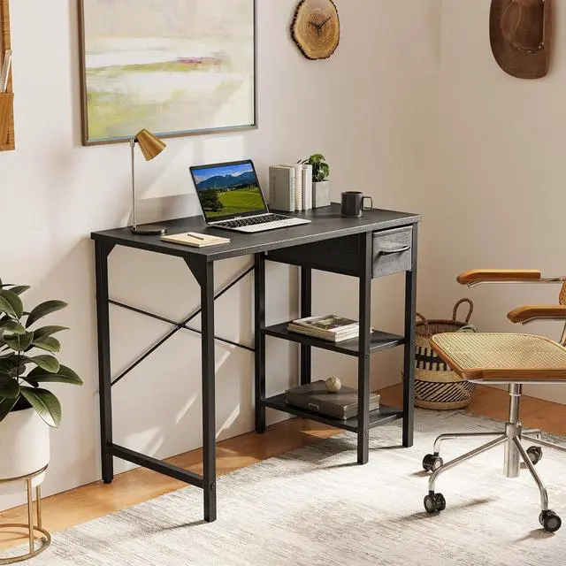 Alt view image 2 of 7 - BANTI Small Computer Desk with Drawers, 35 Inch Home Office Desk with 2Storage Shelves on Left or Right Side, Study Writing Desk with Storage Bag, Black