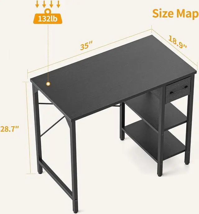 Alt view image 3 of 7 - BANTI Small Computer Desk with Drawers, 35 Inch Home Office Desk with 2Storage Shelves on Left or Right Side, Study Writing Desk with Storage Bag, Black