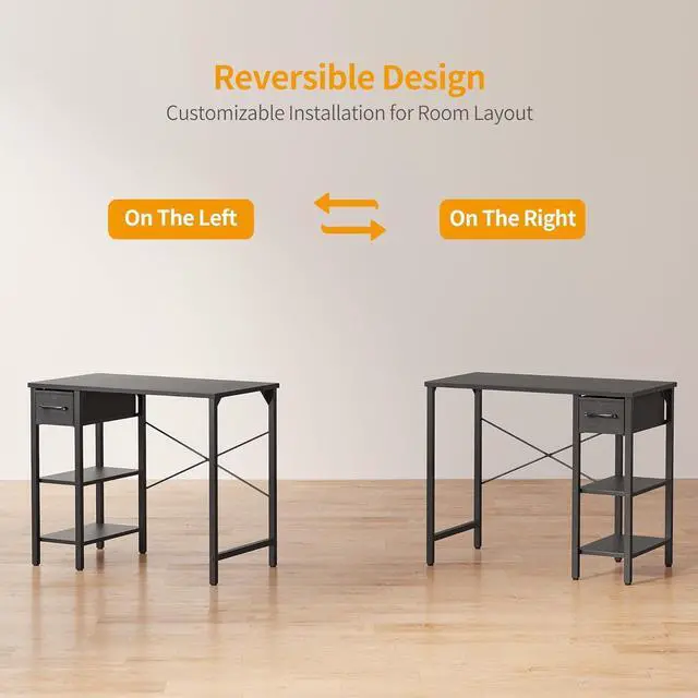 Alt view image 4 of 7 - BANTI Small Computer Desk with Drawers, 35 Inch Home Office Desk with 2Storage Shelves on Left or Right Side, Study Writing Desk with Storage Bag, Black