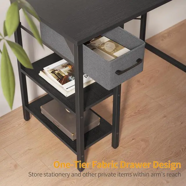 Alt view image 5 of 7 - BANTI Small Computer Desk with Drawers, 35 Inch Home Office Desk with 2Storage Shelves on Left or Right Side, Study Writing Desk with Storage Bag, Black