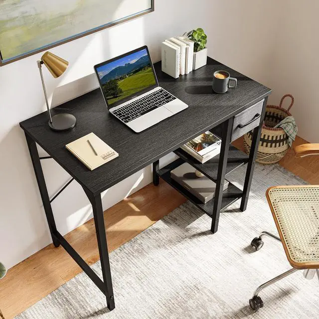 Alt view image 7 of 7 - BANTI Small Computer Desk with Drawers, 35 Inch Home Office Desk with 2Storage Shelves on Left or Right Side, Study Writing Desk with Storage Bag, Black