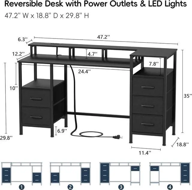 Alt view image 2 of 7 - Computer Desk with Power Outlets & LED Lights, Reversible Gaming Desk with 5 Fabric Drawers for Bedroom, 47 Inch Home Office Desk with Monitor Stand & Storage Shelves for Working, Black