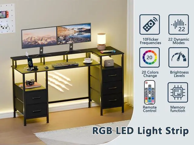 Alt view image 3 of 7 - Computer Desk with Power Outlets & LED Lights, Reversible Gaming Desk with 5 Fabric Drawers for Bedroom, 47 Inch Home Office Desk with Monitor Stand & Storage Shelves for Working, Black