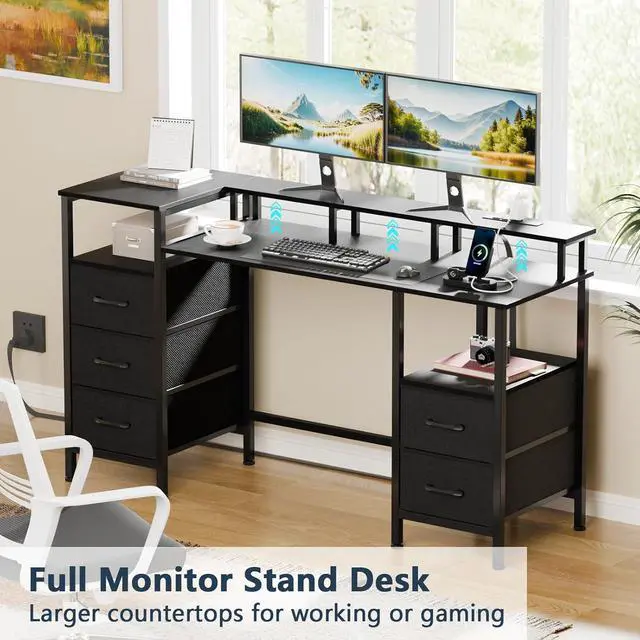 Alt view image 5 of 7 - Computer Desk with Power Outlets & LED Lights, Reversible Gaming Desk with 5 Fabric Drawers for Bedroom, 47 Inch Home Office Desk with Monitor Stand & Storage Shelves for Working, Black