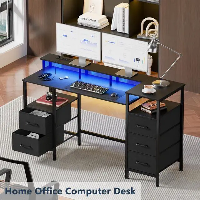 Alt view image 6 of 7 - Computer Desk with Power Outlets & LED Lights, Reversible Gaming Desk with 5 Fabric Drawers for Bedroom, 47 Inch Home Office Desk with Monitor Stand & Storage Shelves for Working, Black
