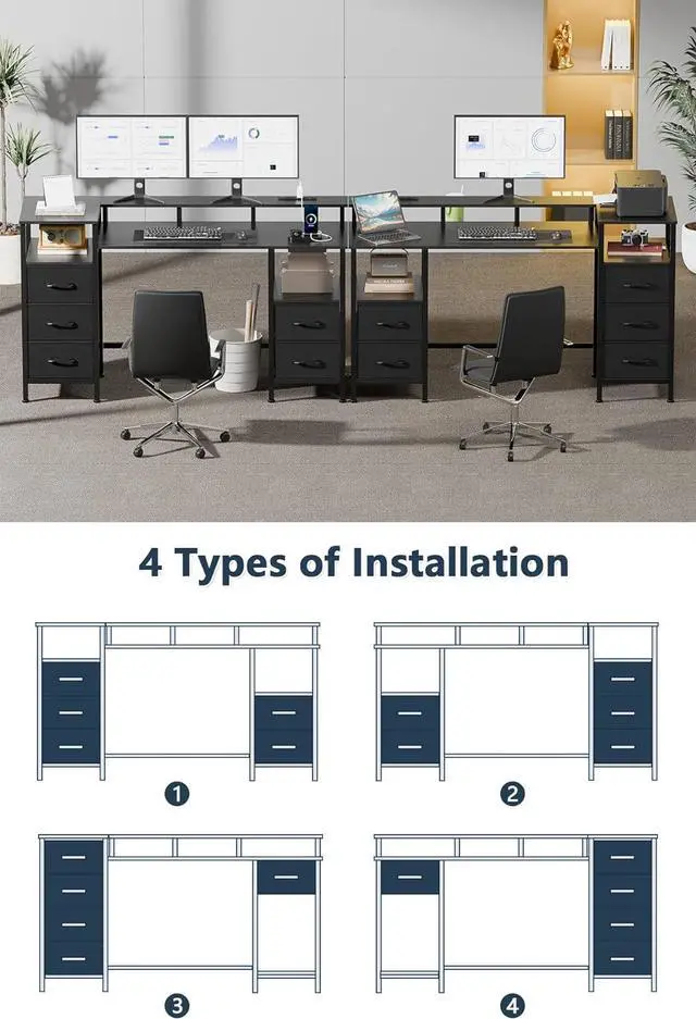 Alt view image 7 of 7 - Computer Desk with Power Outlets & LED Lights, Reversible Gaming Desk with 5 Fabric Drawers for Bedroom, 47 Inch Home Office Desk with Monitor Stand & Storage Shelves for Working, Black