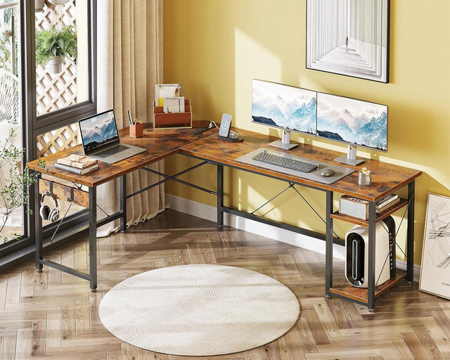 59\" L-Shaped Desk With Power Outlet - Reversible Corner Computer Desk With USB Ports & Monitor Stand