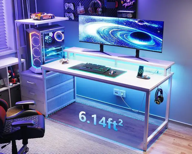 Alt view image 2 of 7 - AODK 59 Inch Gaming Desk with USB Charging Ports & LED Light- Reversible Computer Desk with Storage Shelves & Monitor Stand, Modern Gamer Desk Table with Fabric Drawers & Side Hook, Carbon Fiber White