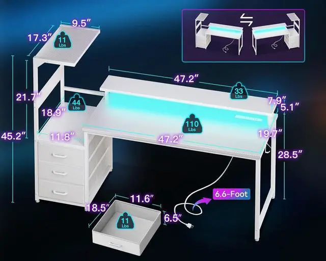 Alt view image 3 of 7 - AODK 59 Inch Gaming Desk with USB Charging Ports & LED Light- Reversible Computer Desk with Storage Shelves & Monitor Stand, Modern Gamer Desk Table with Fabric Drawers & Side Hook, Carbon Fiber White