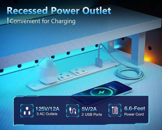 Alt view image 4 of 7 - AODK 59 Inch Gaming Desk with USB Charging Ports & LED Light- Reversible Computer Desk with Storage Shelves & Monitor Stand, Modern Gamer Desk Table with Fabric Drawers & Side Hook, Carbon Fiber White