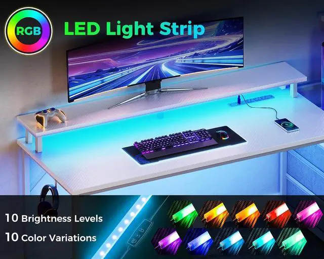 Alt view image 5 of 7 - AODK 59 Inch Gaming Desk with USB Charging Ports & LED Light- Reversible Computer Desk with Storage Shelves & Monitor Stand, Modern Gamer Desk Table with Fabric Drawers & Side Hook, Carbon Fiber White