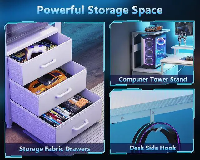 Alt view image 6 of 7 - AODK 59 Inch Gaming Desk with USB Charging Ports & LED Light- Reversible Computer Desk with Storage Shelves & Monitor Stand, Modern Gamer Desk Table with Fabric Drawers & Side Hook, Carbon Fiber White