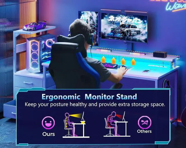 Alt view image 7 of 7 - AODK 59 Inch Gaming Desk with USB Charging Ports & LED Light- Reversible Computer Desk with Storage Shelves & Monitor Stand, Modern Gamer Desk Table with Fabric Drawers & Side Hook, Carbon Fiber White