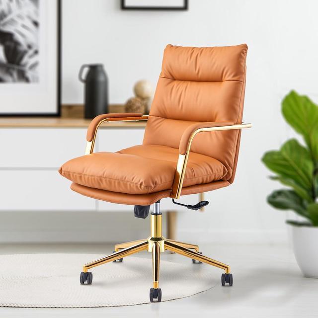Alt view image 5 of 6 - Leather Office Chair Home Office Desk Chairs Executive Office Chair Comfy Office Chair with Support Armrests Swivel Wheels Height Adjustable Mid Back 360 Swivel Computer Chair for Office Room Brown