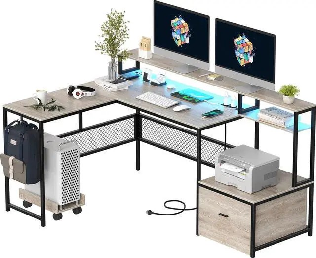 Main image of L Shaped Desk with Drawers, 66" Home Office Desk with Power Outlet and Led Strip, Computer Desk with Storage Shelves & Monitor Stand, Large Corner Desk Gaming Desk, Grey