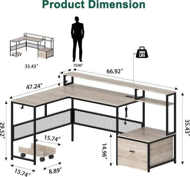 Alt view image 2 of 6 - L Shaped Desk with Drawers, 66" Home Office Desk with Power Outlet and Led Strip, Computer Desk with Storage Shelves & Monitor Stand, Large Corner Desk Gaming Desk, Grey